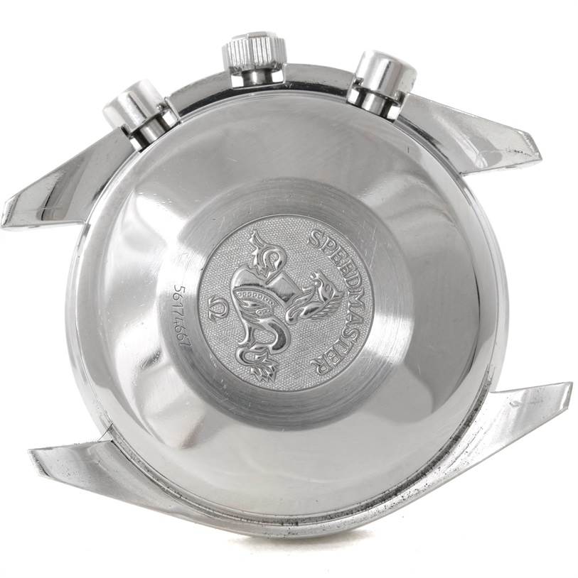 The image shows the back case and crown side of an Omega Speedmaster 3513.80.00 Men
s Stainless Steel Blue Dial 3513.80.00 Men
s Stainless Steel Blue Dial watch with its engravings.