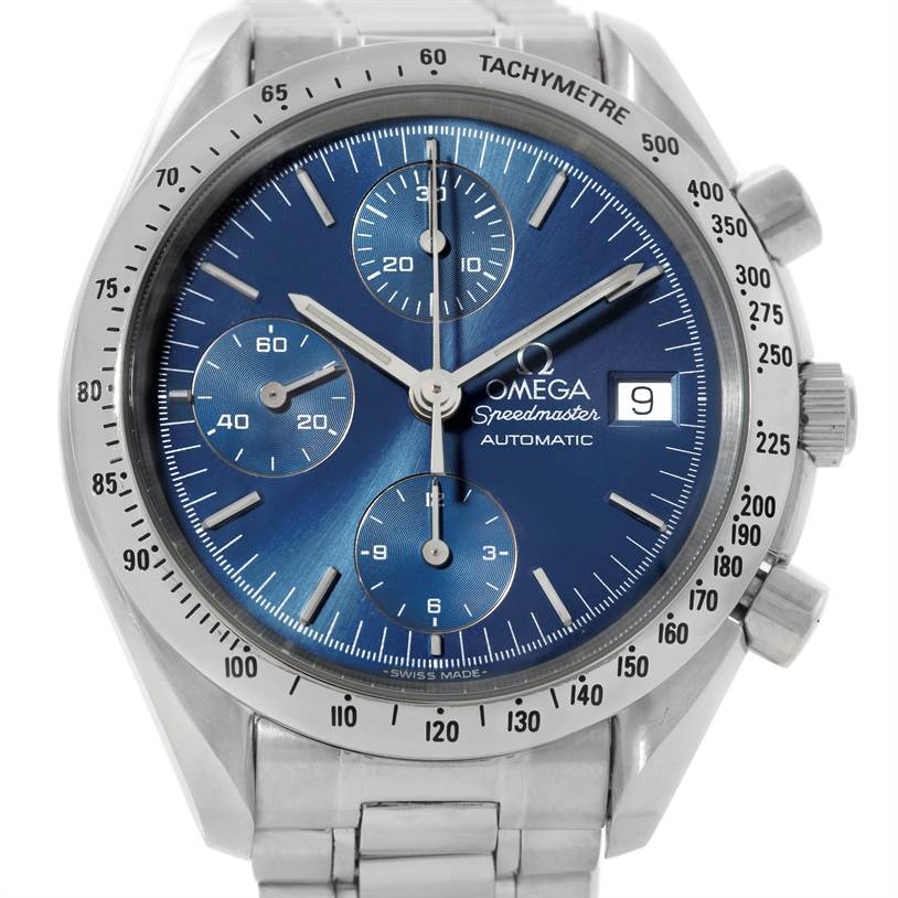 The Omega Speedmaster 3513.80.00 Men
s Stainless Steel Blue Dial 3513.80.00 Men
s Stainless Steel Blue Dial watch is shown from a front angle, highlighting its dial, subdials, tachymeter bezel, and bracelet.