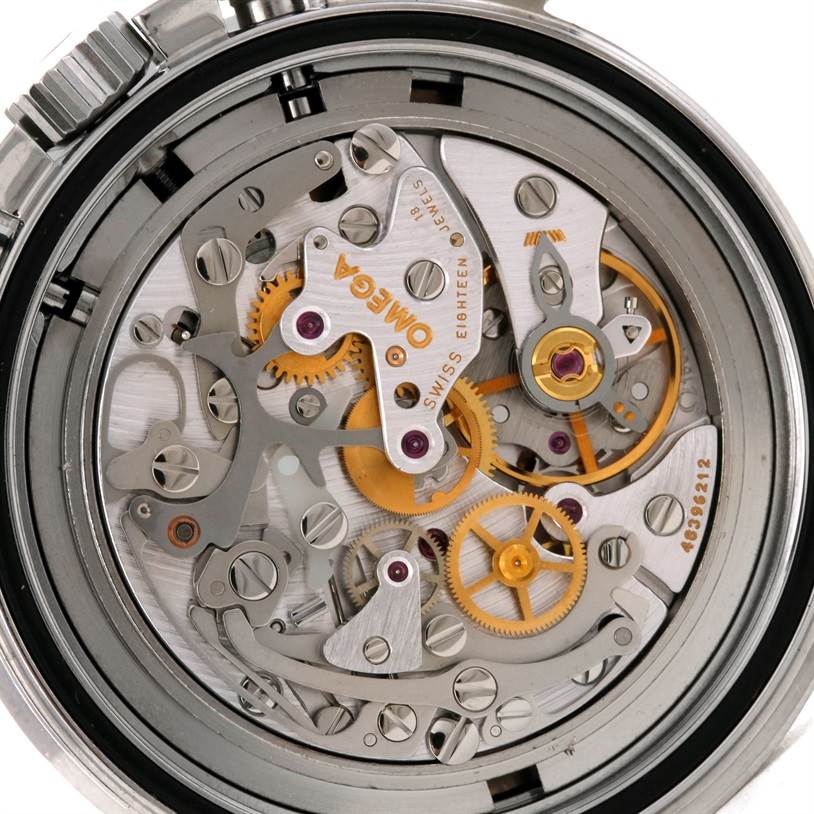 The image shows the intricate internal mechanism of an Omega Speedmaster 3570.50.00 Men
s Stainless Steel Black Dial 3570.50.00 Men
s Stainless Steel Black Dial watch, viewed from the back.