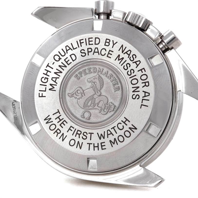 The image shows the back case of an Omega Speedmaster 3570.50.00 Men
s Stainless Steel Black Dial 3570.50.00 Men
s Stainless Steel Black Dial watch, highlighting its engraved text and emblem.