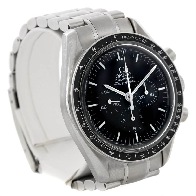 The Omega Speedmaster 3570.50.00 Men
s Stainless Steel Black Dial 3570.50.00 Men
s Stainless Steel Black Dial watch is shown at a slight angle, displaying the dial, bezel, and part of the metal bracelet.