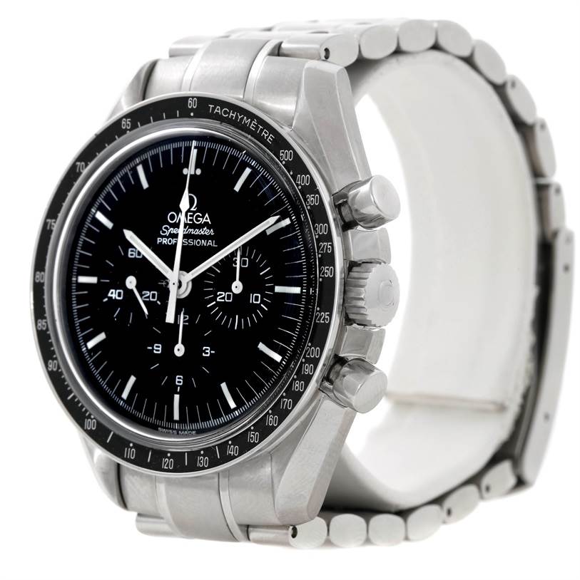 The Omega Speedmaster 3570.50.00 Men
s Stainless Steel Black Dial 3570.50.00 Men
s Stainless Steel Black Dial watch is shown from a three-quarter angle highlighting the face, bezel, and side controls.