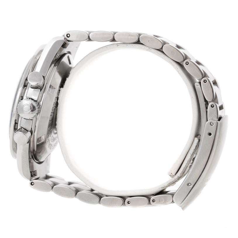 This image shows a side view of an Omega Speedmaster 3570.50.00 Men
s Stainless Steel Black Dial 3570.50.00 Men
s Stainless Steel Black Dial watch, highlighting its crown, pushers, and metal bracelet.