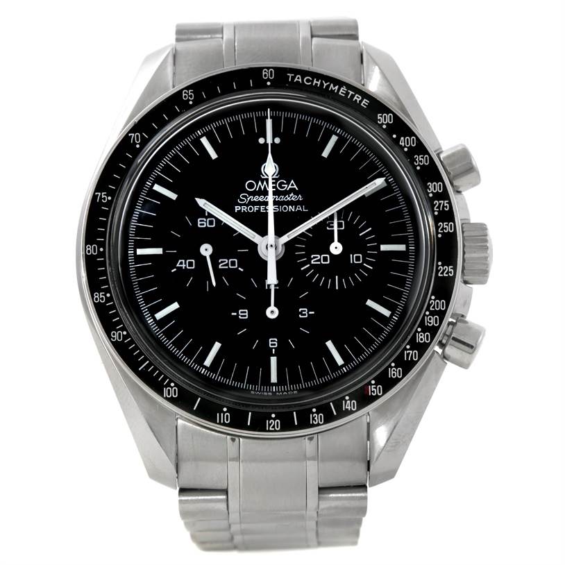 The Omega Speedmaster 3570.50.00 Men
s Stainless Steel Black Dial 3570.50.00 Men
s Stainless Steel Black Dial watch is shown from the front, displaying the dial, bezel, and stainless steel bracelet.