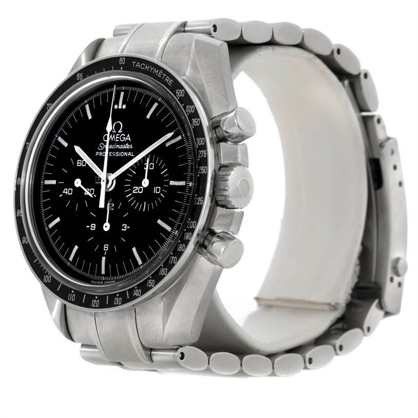 This Omega Speedmaster 3574.51.00 Men's Stainless Steel Black Dial 3574.51.00 Men's Stainless Steel Black Dial watch is shown at an angle displaying its face, bezel, crown, pushers, and metal bracelet.