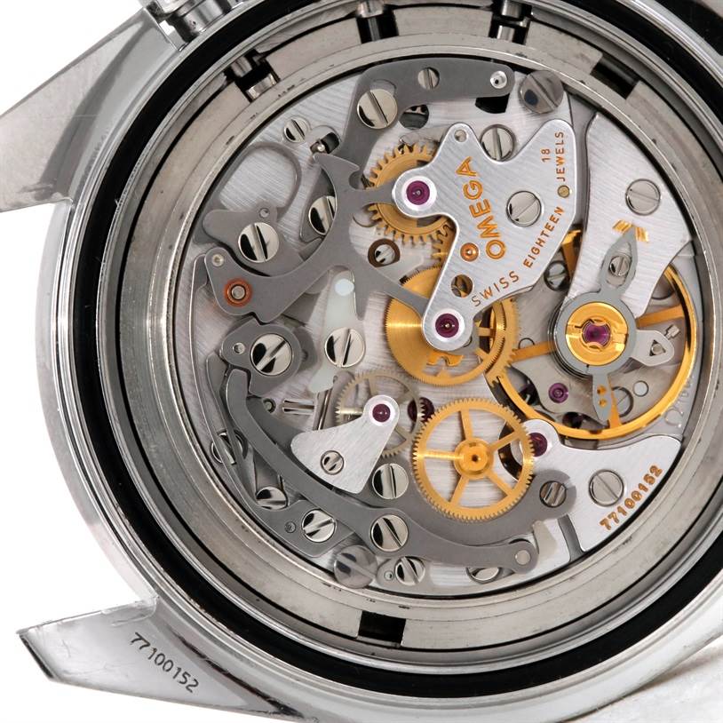 This image shows the exposed internal mechanics of an Omega Speedmaster 3574.51.00 Men's Stainless Steel Black Dial 3574.51.00 Men's Stainless Steel Black Dial watch, viewed from the back.