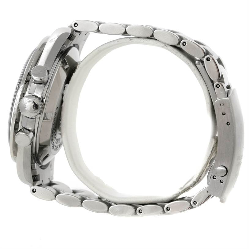 The image shows a side view of an Omega Speedmaster 3574.51.00 Men's Stainless Steel Black Dial 3574.51.00 Men's Stainless Steel Black Dial watch, displaying its stainless steel case, crown, pushers, and bracelet.