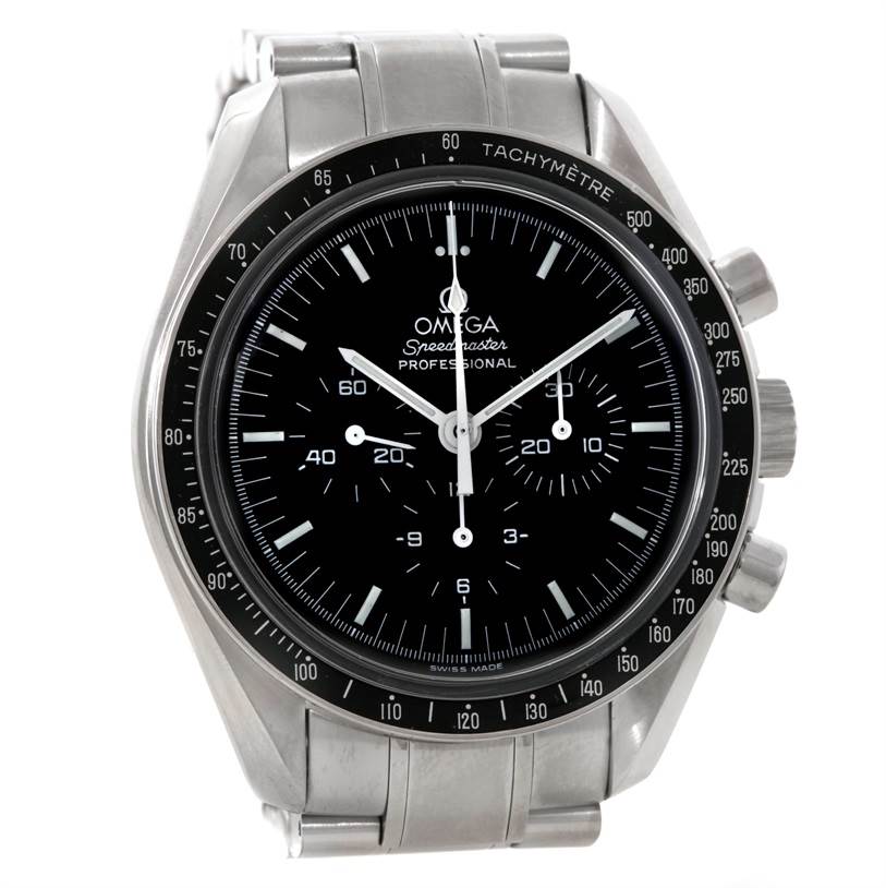 This image shows a frontal view of the Omega Speedmaster 3574.51.00 Men's Stainless Steel Black Dial 3574.51.00 Men's Stainless Steel Black Dial Professional watch, displaying its dial, tachymeter bezel, and metal bracelet.