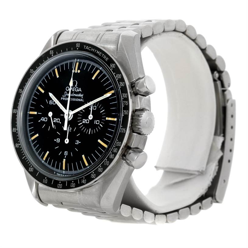 The image shows an Omega Speedmaster Men's Stainless Steel Black Dial Men's Stainless Steel Black Dial watch at an angled side view, highlighting its dial, bezel, crown, and pushers.