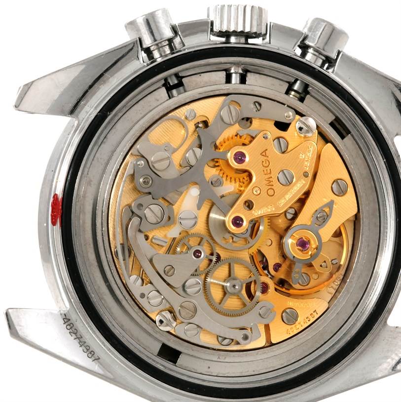 This image shows the intricate internal movement and mechanism of the Omega Speedmaster Men's Stainless Steel Black Dial Men's Stainless Steel Black Dial watch from the back view.