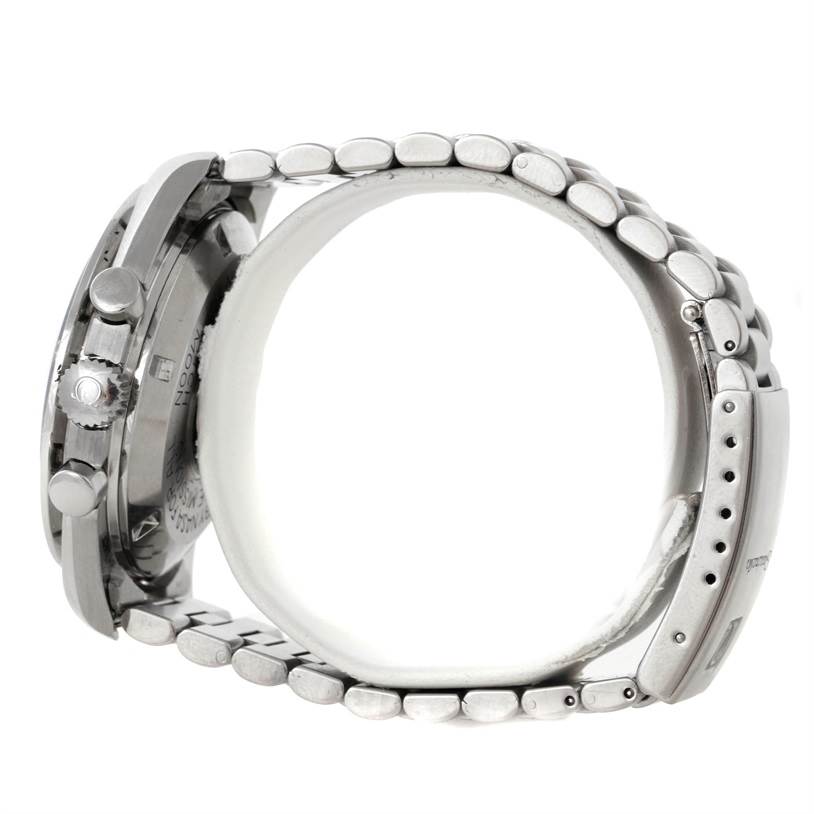 This side view of the Omega Speedmaster Men's Stainless Steel Black Dial Men's Stainless Steel Black Dial watch shows the crown, pushers, and part of the linked bracelet.