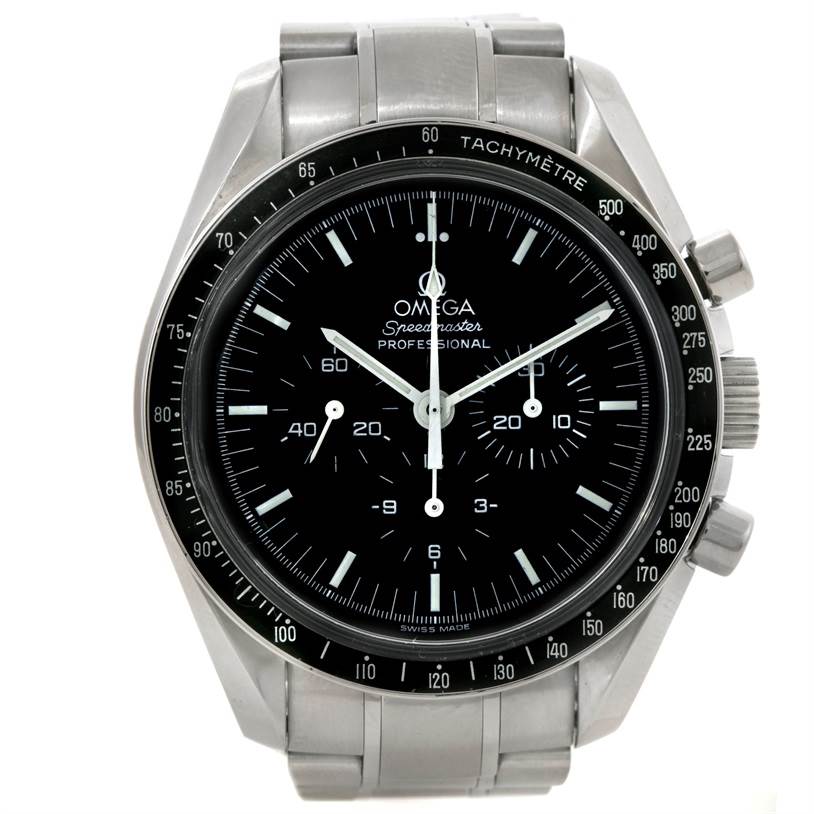 The Omega Speedmaster 3570.50.00 Men's Stainless Steel Black Dial 3570.50.00 Men's Stainless Steel Black Dial watch is shown from a front angle, displaying its dial, bezel, and bracelet.