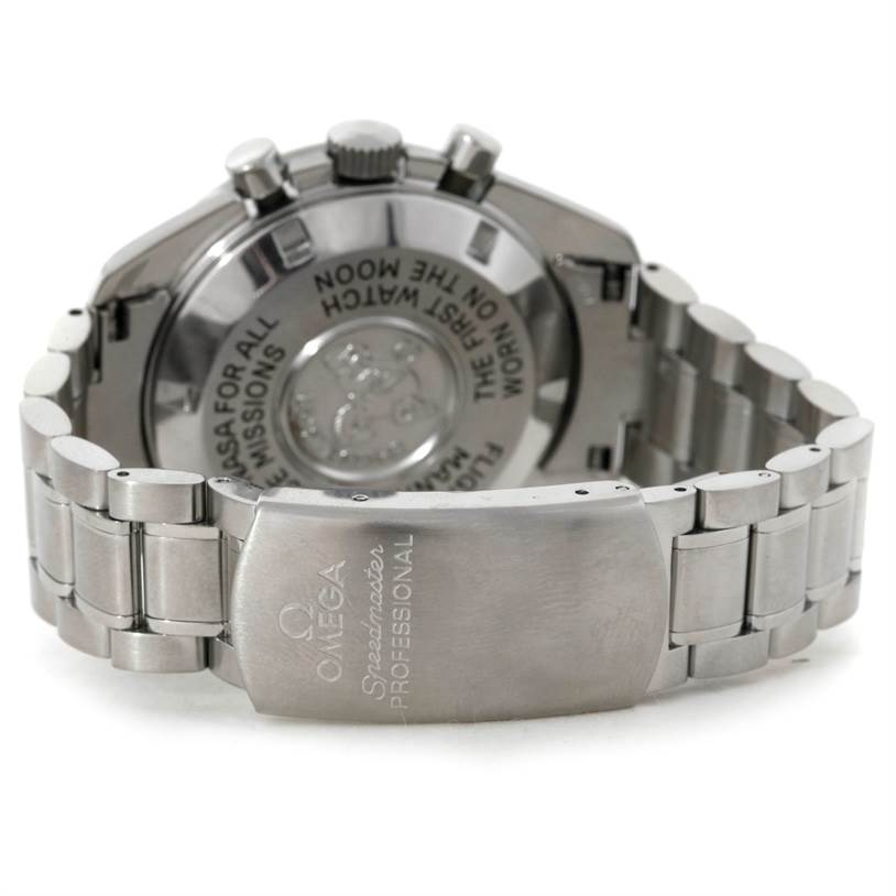 The image shows the back and clasp of the Omega Speedmaster 3570.50.00 Men's Stainless Steel Black Dial 3570.50.00 Men's Stainless Steel Black Dial Professional watch, focusing on the bracelet and engravings.