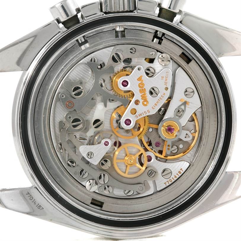 This is a back view of an Omega Speedmaster 3570.50.00 Men's Stainless Steel Black Dial 3570.50.00 Men's Stainless Steel Black Dial watch, showing its intricate mechanical movement and inner components.