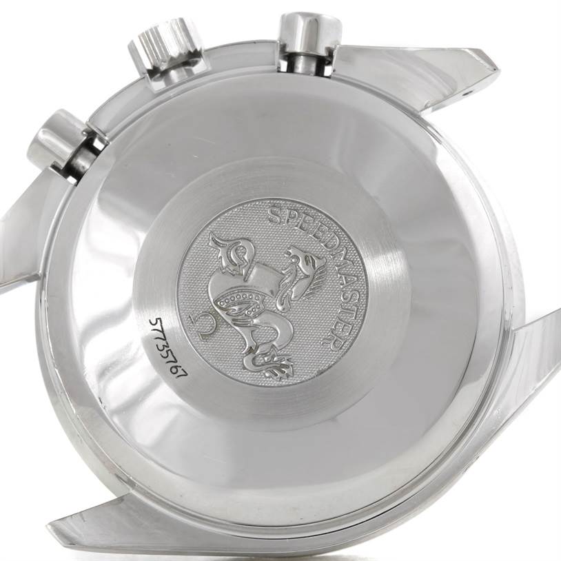 The image shows the back case of an Omega Speedmaster 3523.80.00 Men's Stainless Steel Blue Dial 3523.80.00 Men's Stainless Steel Blue Dial watch, highlighting the engraving and serial number.