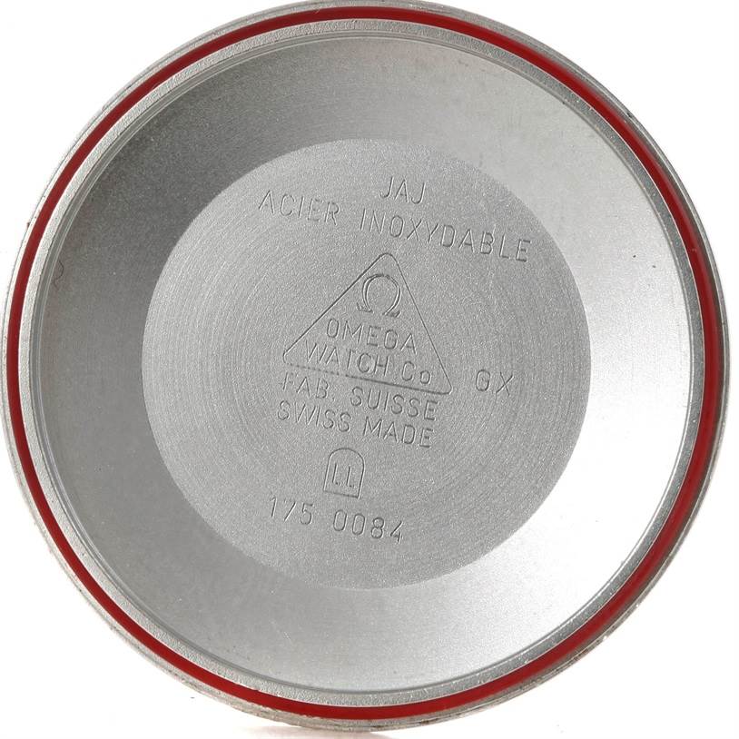 This image shows the interior of the case back for an Omega Speedmaster 3523.80.00 Men's Stainless Steel Blue Dial 3523.80.00 Men's Stainless Steel Blue Dial watch.