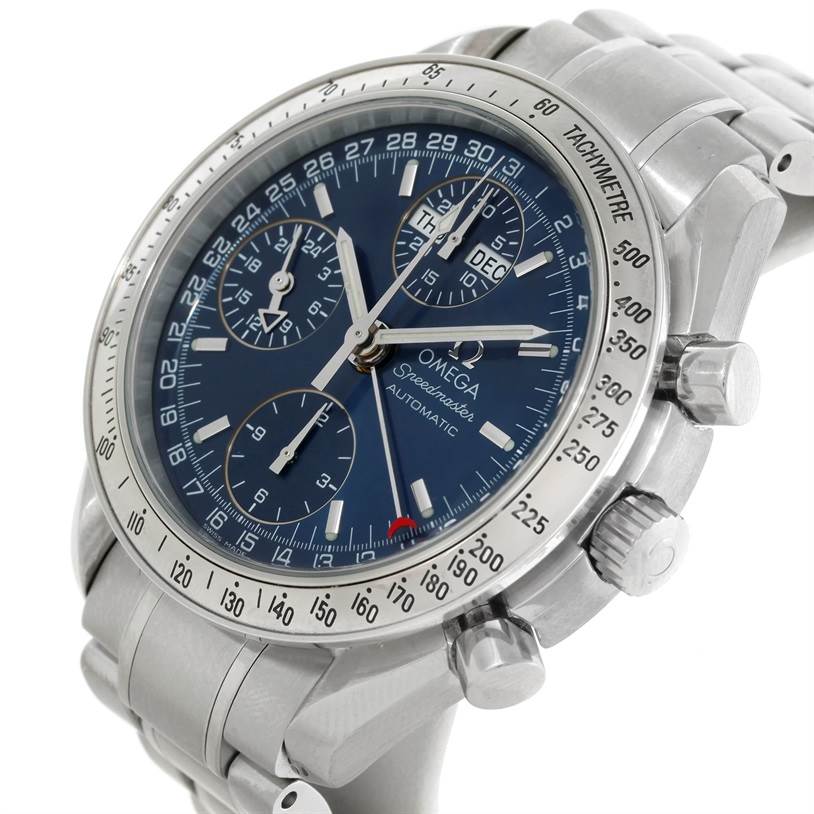 This Omega Speedmaster 3523.80.00 Men's Stainless Steel Blue Dial 3523.80.00 Men's Stainless Steel Blue Dial watch is shown at a three-quarter angle, displaying the face, bezel, crown, and pushers.