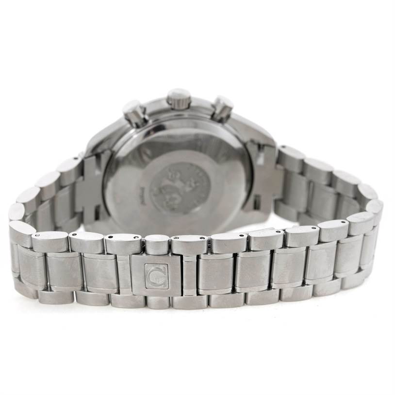 The image shows the back view of an Omega Speedmaster 3523.80.00 Men's Stainless Steel Blue Dial 3523.80.00 Men's Stainless Steel Blue Dial watch, highlighting its stainless steel bracelet and case back.