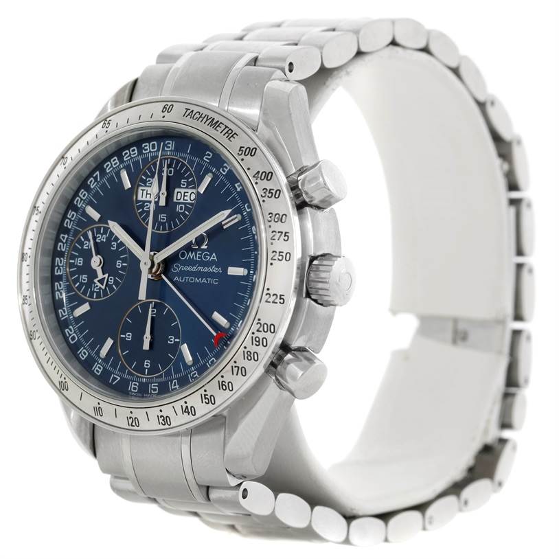 The Omega Speedmaster 3523.80.00 Men's Stainless Steel Blue Dial 3523.80.00 Men's Stainless Steel Blue Dial watch is shown at an angle highlighting its face, side buttons, and a portion of its metal strap.