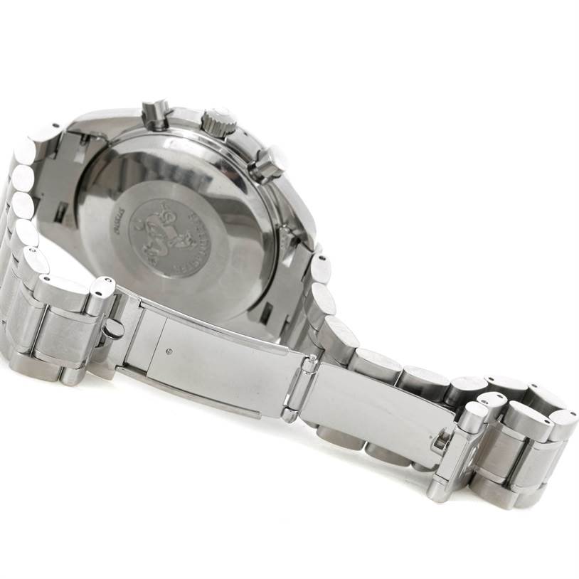 The image shows the back view of an Omega Speedmaster 3523.80.00 Men's Stainless Steel Blue Dial 3523.80.00 Men's Stainless Steel Blue Dial watch, highlighting the case back, pushers, and metal bracelet.