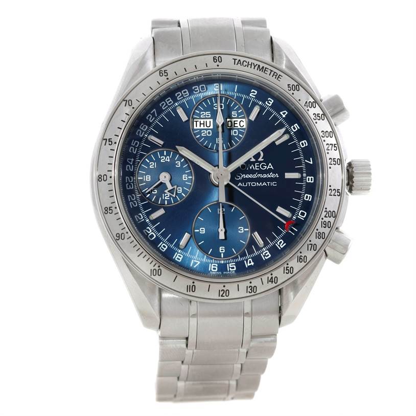 This image shows the Omega Speedmaster 3523.80.00 Men's Stainless Steel Blue Dial 3523.80.00 Men's Stainless Steel Blue Dial watch from a front angle, highlighting its dial, bezel, and metal bracelet.