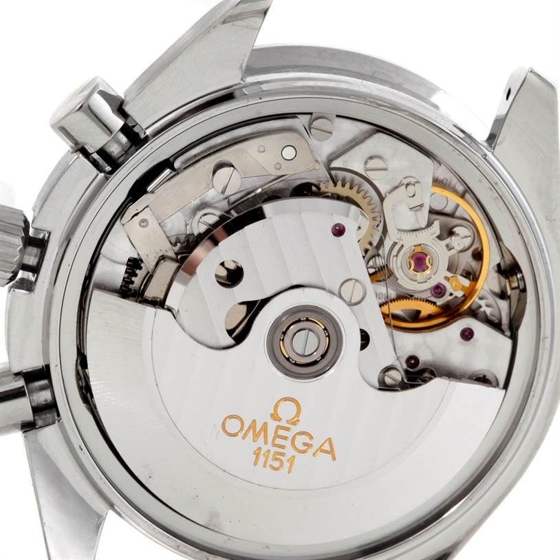 This image shows the movement and inner mechanics of an Omega Speedmaster 3523.80.00 Men's Stainless Steel Blue Dial 3523.80.00 Men's Stainless Steel Blue Dial watch from a close-up, rear angle.