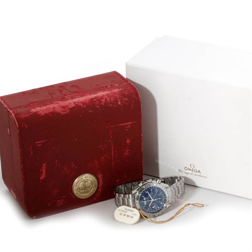 The image shows an Omega Speedmaster 3523.80.00 Men's Stainless Steel Blue Dial 3523.80.00 Men's Stainless Steel Blue Dial watch with its red box and white outer packaging, viewed from the front.