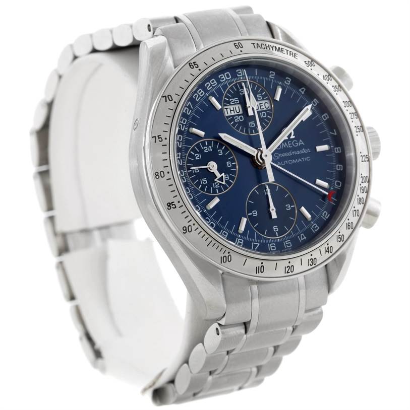 This image shows an Omega Speedmaster 3523.80.00 Men's Stainless Steel Blue Dial 3523.80.00 Men's Stainless Steel Blue Dial watch at a slight angle, highlighting the dial, chronograph subdials, and stainless steel bracelet.