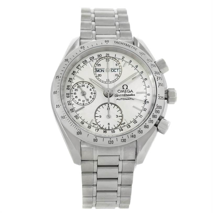 The image shows a frontal view of the Omega Speedmaster 3523.30.00 Men
s Stainless Steel Silver Dial 3523.30.00 Men
s Stainless Steel Silver Dial watch displaying the face, bezel, and bracelet.