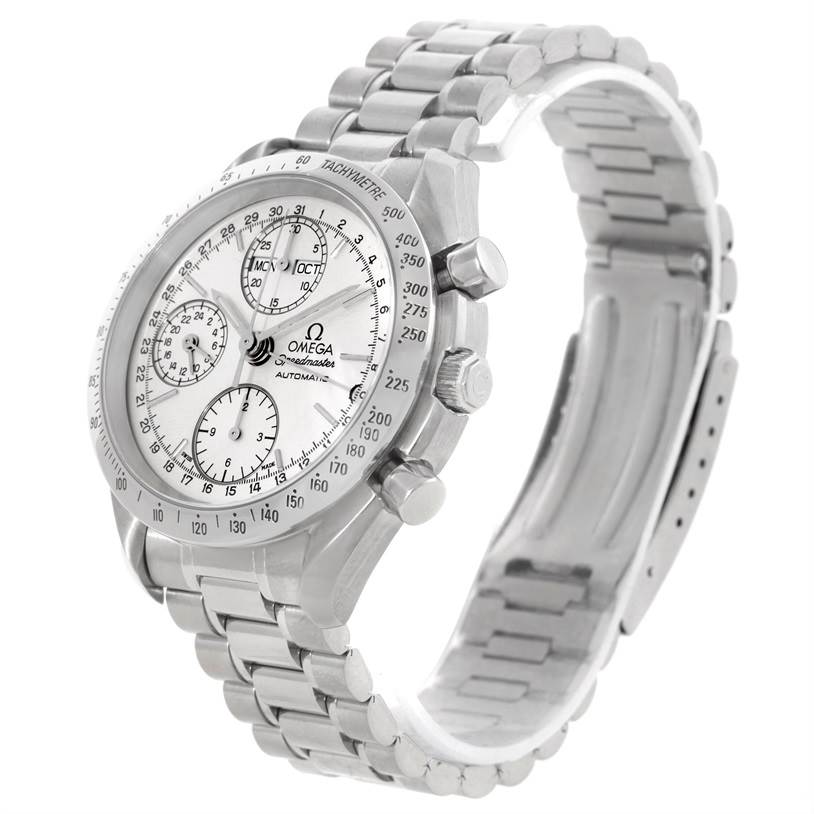 The image shows an Omega Speedmaster 3523.30.00 Men
s Stainless Steel Silver Dial 3523.30.00 Men
s Stainless Steel Silver Dial watch at a three-quarter angle, focusing on the face, bezel, pushers, and part of the bracelet.