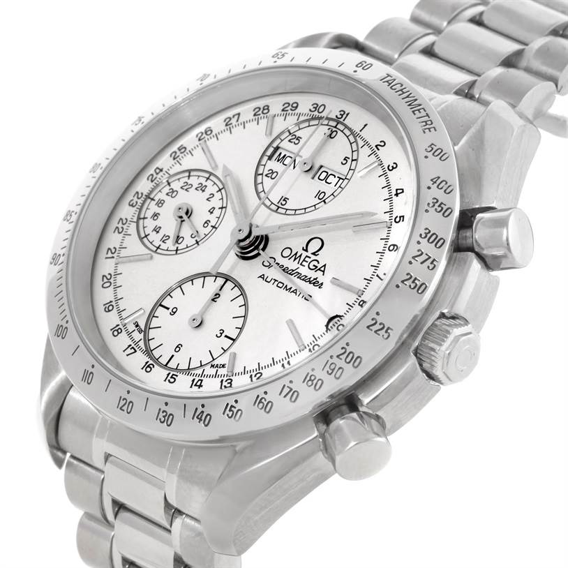 This image shows an Omega Speedmaster 3523.30.00 Men
s Stainless Steel Silver Dial 3523.30.00 Men
s Stainless Steel Silver Dial watch at a tilted angle, highlighting the dial, tachymeter bezel, and stainless steel bracelet.