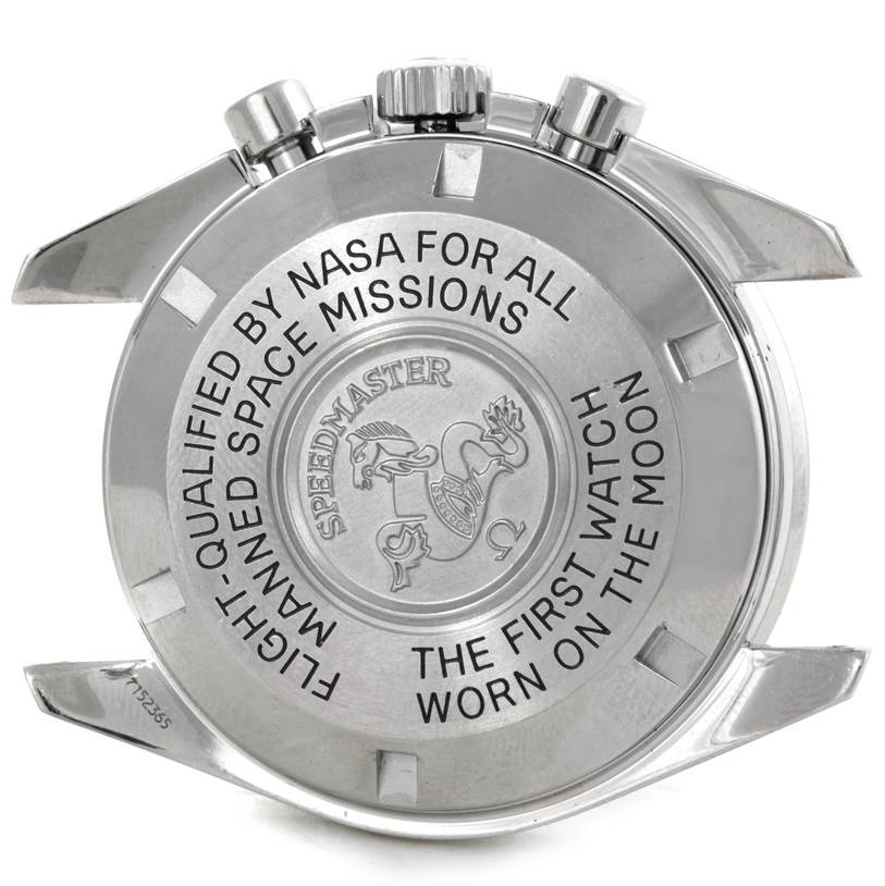 This image shows the case back of an Omega Speedmaster 3570.50.00 Men's Stainless Steel Black Dial 3570.50.00 Men's Stainless Steel Black Dial watch, highlighting engravings and the crown with pushers.