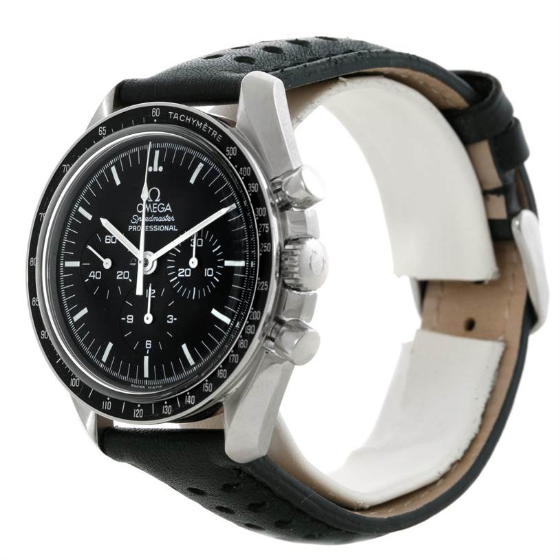 The Omega Speedmaster 3570.50.00 Men's Stainless Steel Black Dial 3570.50.00 Men's Stainless Steel Black Dial watch is shown at a slight angle, highlighting its face, bezel, crown, pushers, and leather strap.
