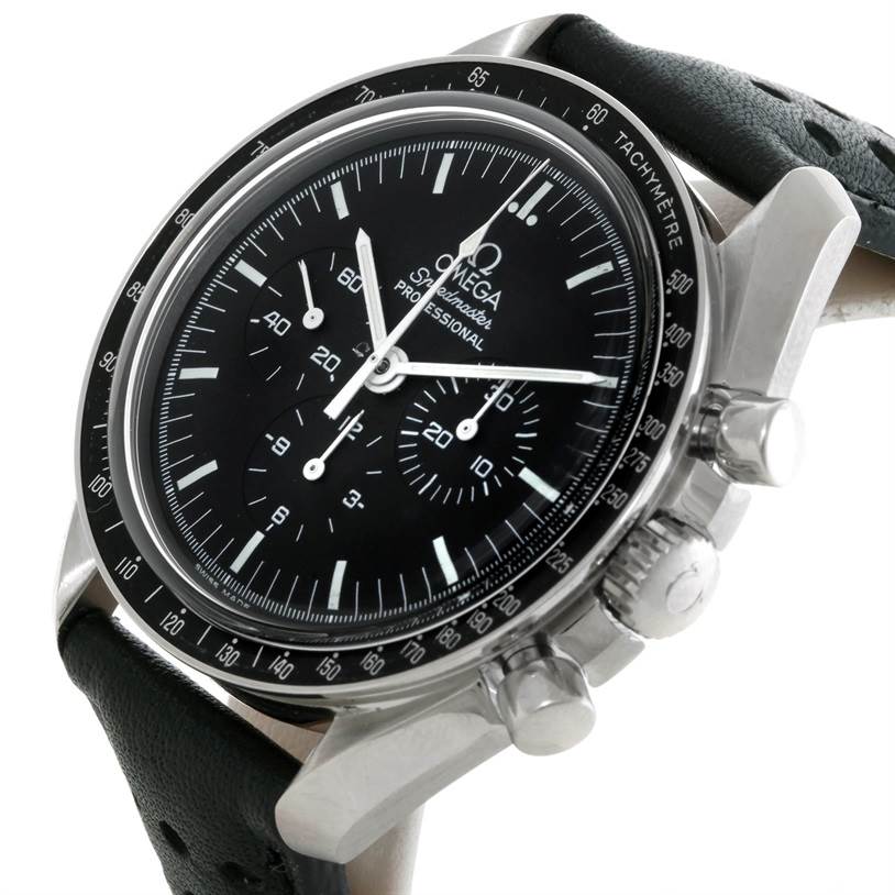 The Omega Speedmaster 3570.50.00 Men's Stainless Steel Black Dial 3570.50.00 Men's Stainless Steel Black Dial watch is shown at a slight angle, highlighting its black dial, chronograph sub-dials, and stainless steel case.