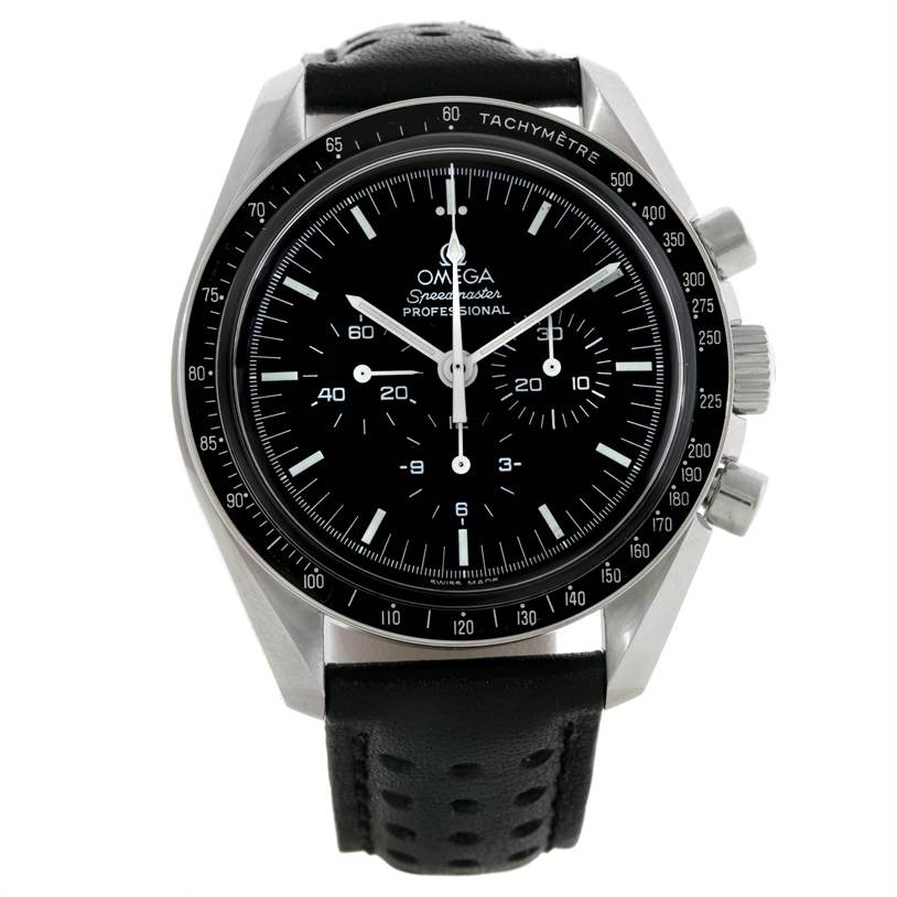 This is a frontal view of the Omega Speedmaster 3570.50.00 Men's Stainless Steel Black Dial 3570.50.00 Men's Stainless Steel Black Dial watch, showing the black dial, chronograph subdials, tachymeter bezel, and black leather strap.