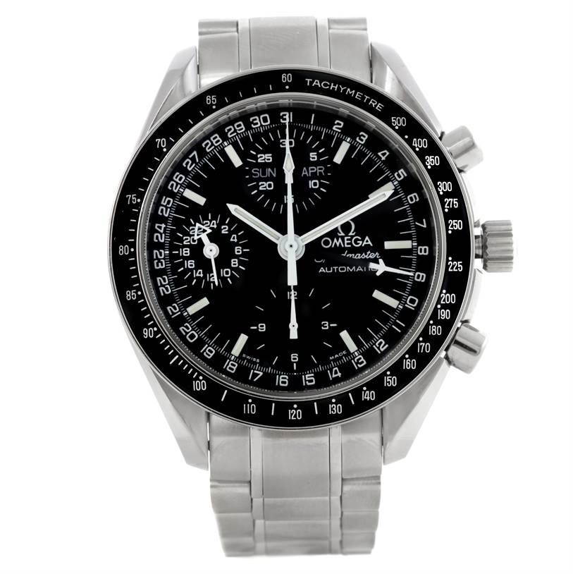 The Omega Speedmaster 3520.50.00 Men's Stainless Steel Black Dial 3520.50.00 Men's Stainless Steel Black Dial watch is shown from the front, featuring its dial, hands, tachymeter bezel, crown, and pushers.