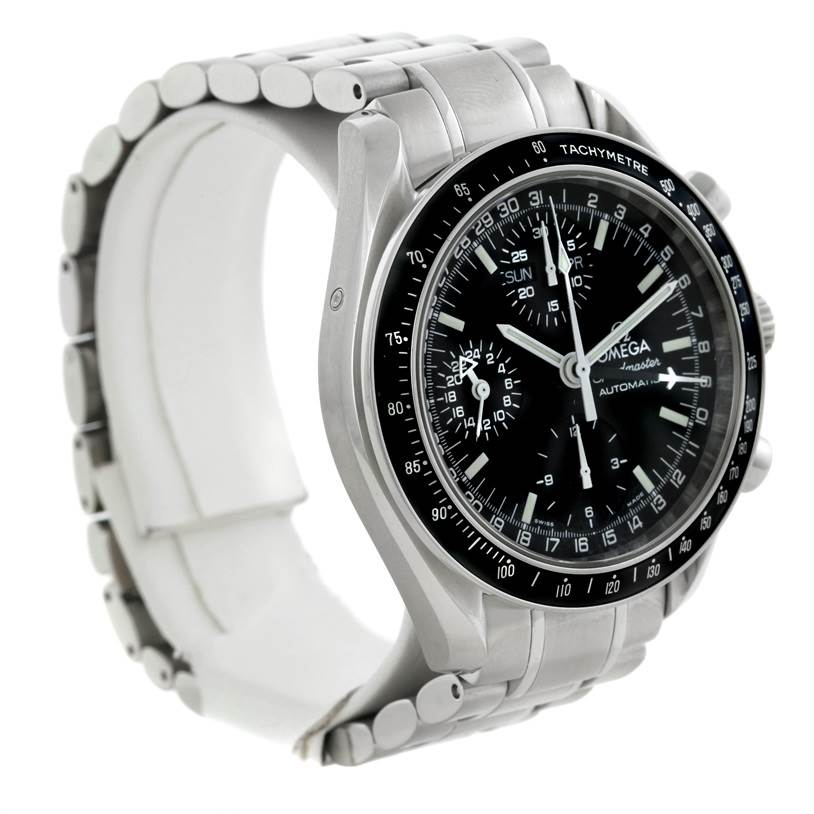 This Omega Speedmaster 3520.50.00 Men's Stainless Steel Black Dial 3520.50.00 Men's Stainless Steel Black Dial watch is shown at a three-quarter angle, highlighting its bezel, dial, and metal bracelet.