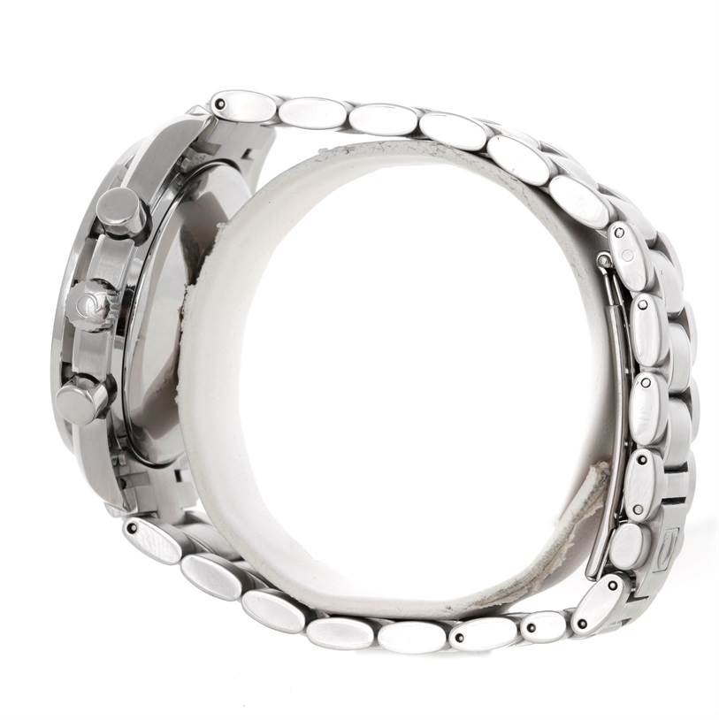 This side-angle view of the Omega Speedmaster 3520.50.00 Men's Stainless Steel Black Dial 3520.50.00 Men's Stainless Steel Black Dial watch showcases its bezel, crown, pushers, and metal bracelet.