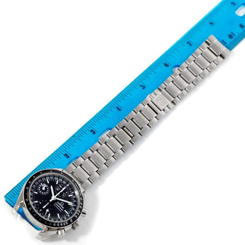 The Omega Speedmaster 3520.50.00 Men's Stainless Steel Black Dial 3520.50.00 Men's Stainless Steel Black Dial watch is shown from a top-down angle with its face, bezel, and bracelet visible.