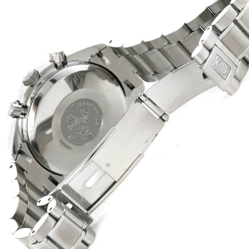 This image shows the backside and bracelet clasp of an Omega Speedmaster 3520.50.00 Men's Stainless Steel Black Dial 3520.50.00 Men's Stainless Steel Black Dial watch, highlighting the case back and metal links.