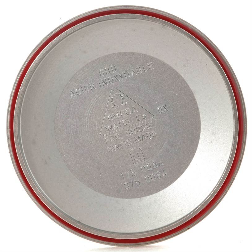 The image shows the inside case back of an Omega Speedmaster 3520.50.00 Men's Stainless Steel Black Dial 3520.50.00 Men's Stainless Steel Black Dial watch, detailing its specifications and brand information.