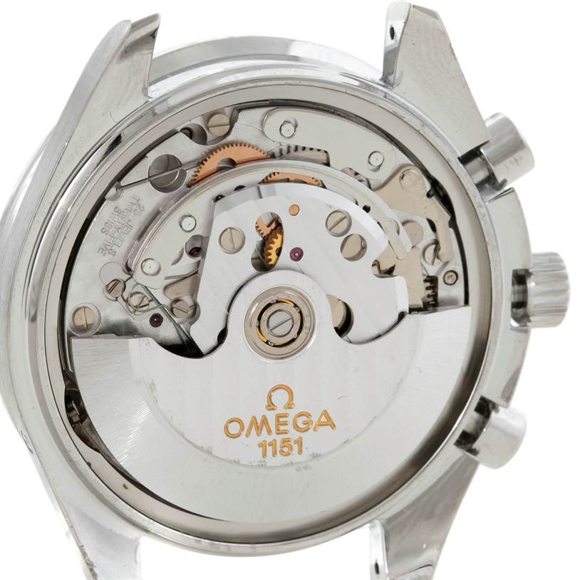 The image shows the backside view of an Omega Speedmaster 3523.80.00 Men
s Stainless Steel Blue Dial 3523.80.00 Men
s Stainless Steel Blue Dial watch, revealing its automatic movement and internal components.