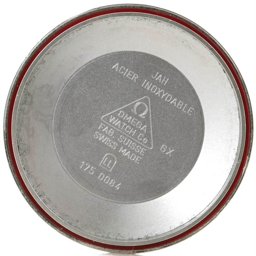 The image shows the inner case back of an Omega Speedmaster 3523.80.00 Men
s Stainless Steel Blue Dial 3523.80.00 Men
s Stainless Steel Blue Dial watch.