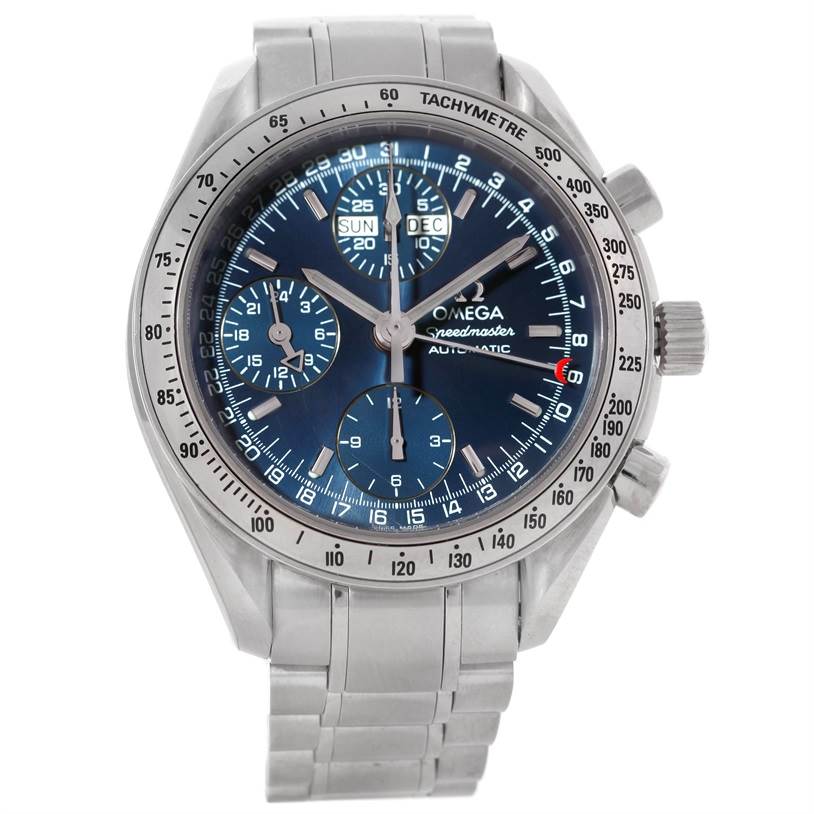 The Omega Speedmaster 3523.80.00 Men
s Stainless Steel Blue Dial 3523.80.00 Men
s Stainless Steel Blue Dial watch is shown from a frontal angle, highlighting its dial, bezel, and bracelet.