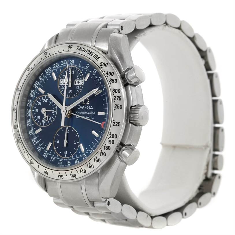 The Omega Speedmaster 3523.80.00 Men
s Stainless Steel Blue Dial 3523.80.00 Men
s Stainless Steel Blue Dial watch is shown at an angle displaying the face, bezel, crown, pushers, and part of the bracelet.