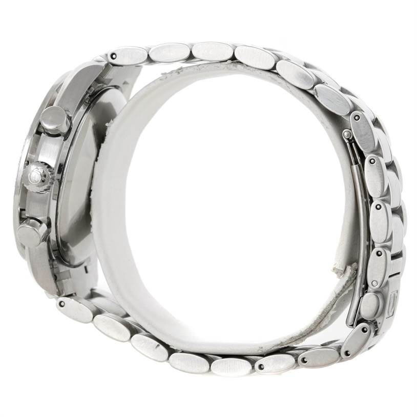 This image shows a side view of an Omega Speedmaster 3523.80.00 Men
s Stainless Steel Blue Dial 3523.80.00 Men
s Stainless Steel Blue Dial watch, focusing on the metal links and side buttons.