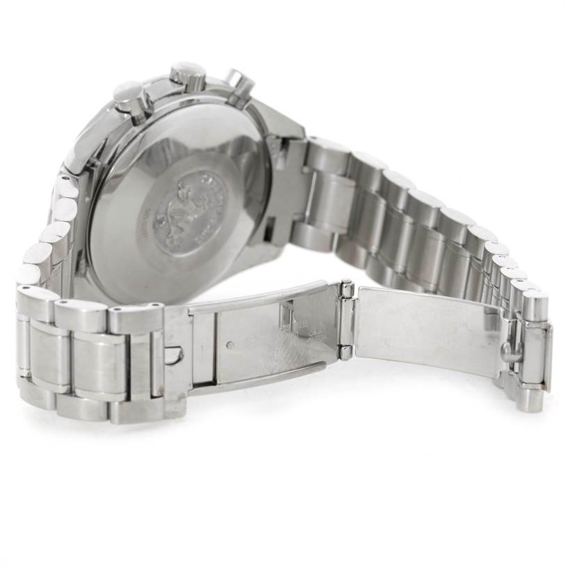 This image shows the Omega Speedmaster 3523.80.00 Men
s Stainless Steel Blue Dial 3523.80.00 Men
s Stainless Steel Blue Dial watch from a rear angle with its stainless steel bracelet and opened clasp.
