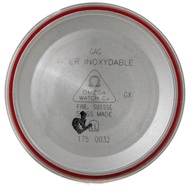 This image shows the inside of the case back of an Omega Speedmaster 3510.50.00 Men
s Stainless Steel Black Dial 3510.50.00 Men
s Stainless Steel Black Dial watch.