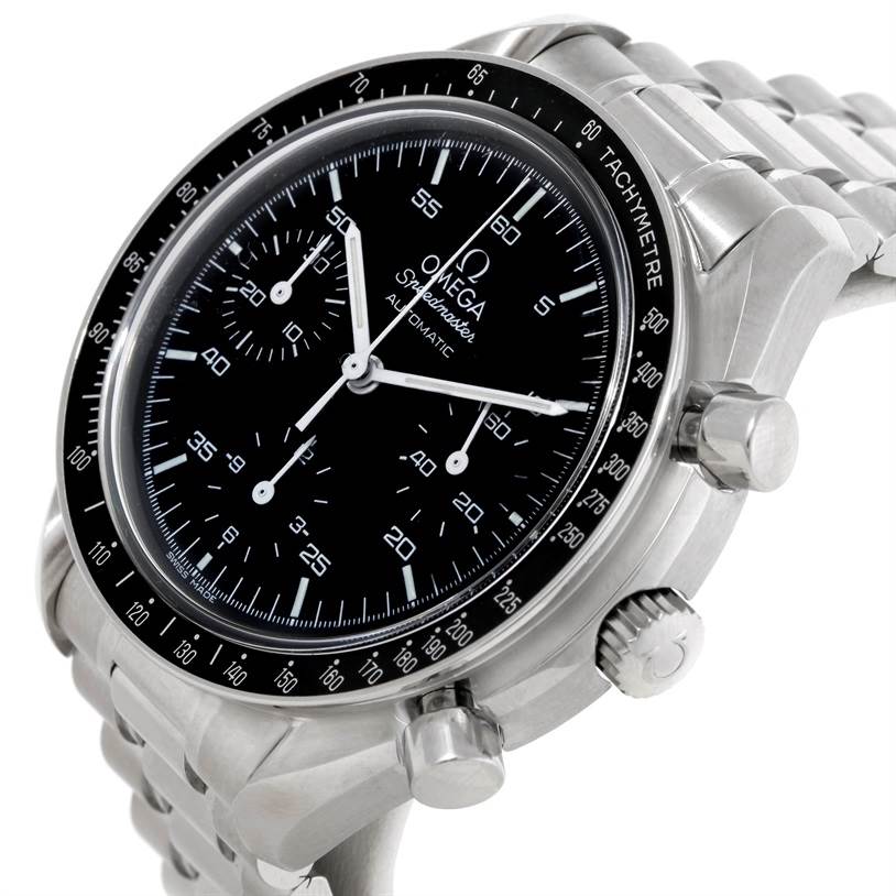 The Omega Speedmaster 3510.50.00 Men
s Stainless Steel Black Dial 3510.50.00 Men
s Stainless Steel Black Dial watch is shown at an angled side view, displaying the face, bezel, and part of the stainless steel bracelet.