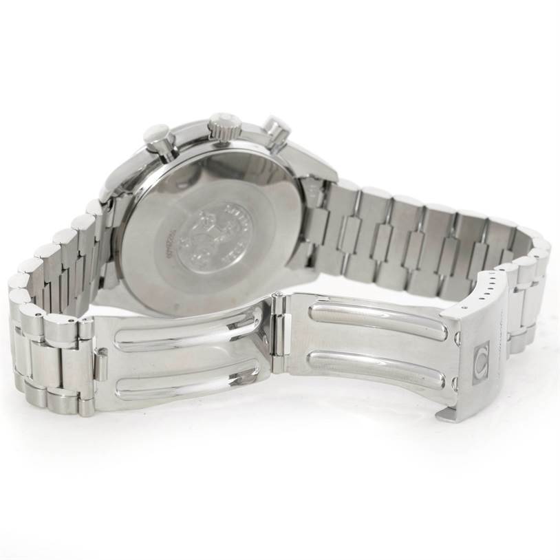 The image shows the back view of an Omega Speedmaster 3510.50.00 Men
s Stainless Steel Black Dial 3510.50.00 Men
s Stainless Steel Black Dial watch with its bracelet and open clasp visible.